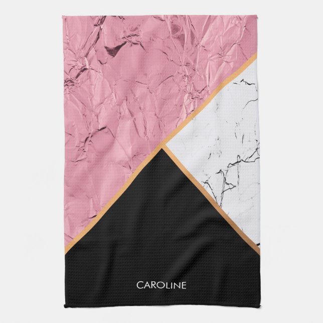 Linge De Cuisine Rose Gold Noir et Motif Marbre blanc (Vertical)