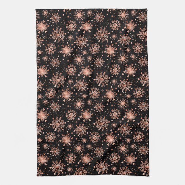 Linge De Cuisine Rose Gold Snowflakes sur Black (Vertical)