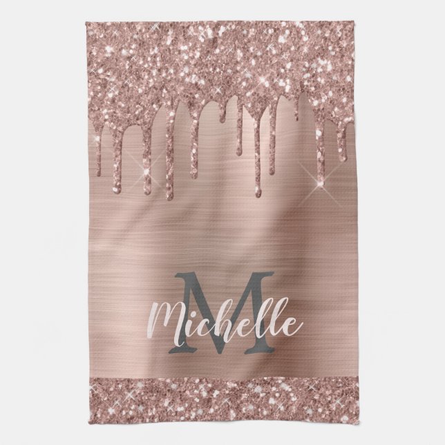Linge De Cuisine Rose monogramme Parties scintillant d'or sur métal (Vertical)