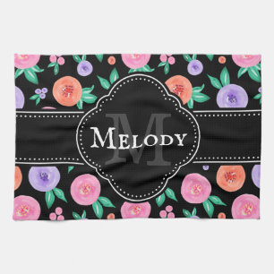 Linge De Cuisine Rose rose / violet couleur Motif sur noir