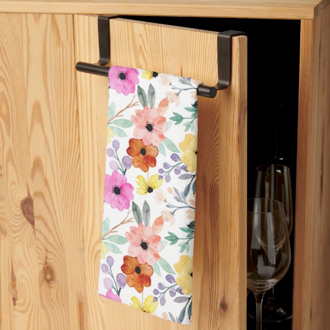 Linge De Cuisine Rose, Rouge, Fleurs Florales Jaunes Aquarelle (Pliage en tiers)
