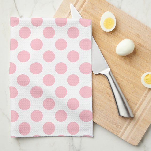 Linge De Cuisine Rose sur blanc grand Pois (Quart Plié)