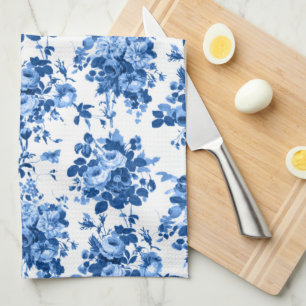Linge De Cuisine Roses Antiques Romantiques Vintage - Bleu sur Blan