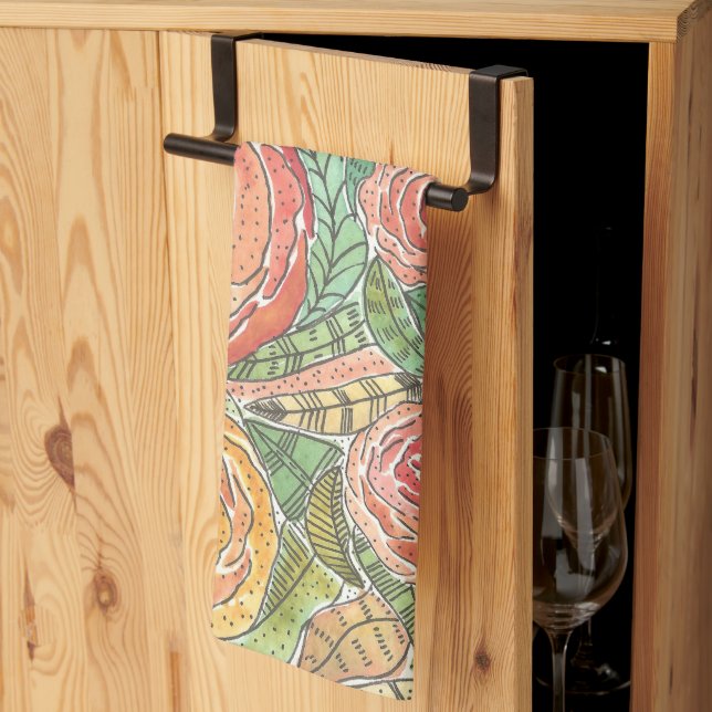 Linge De Cuisine Roses aquarelle (Pliage en tiers)