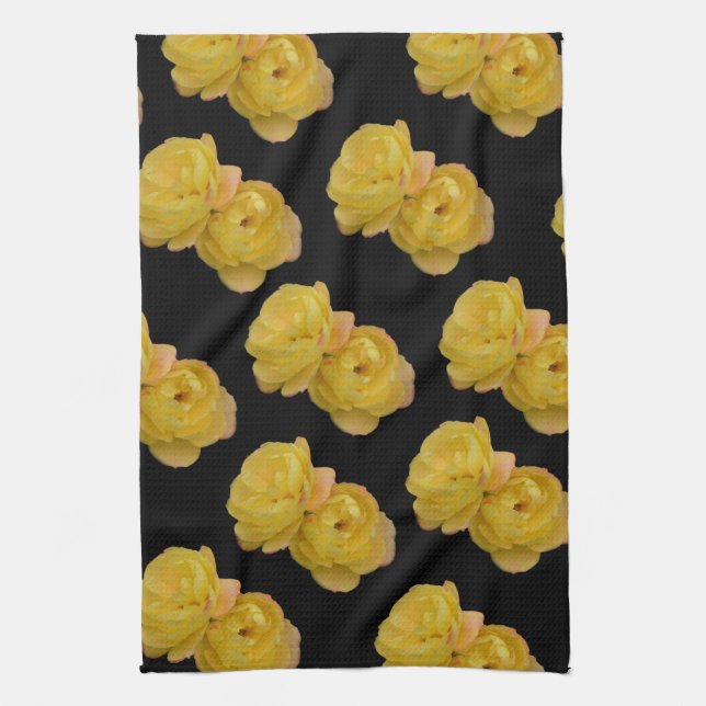 Linge De Cuisine Roses Jaunes Sur Noir, (Vertical)
