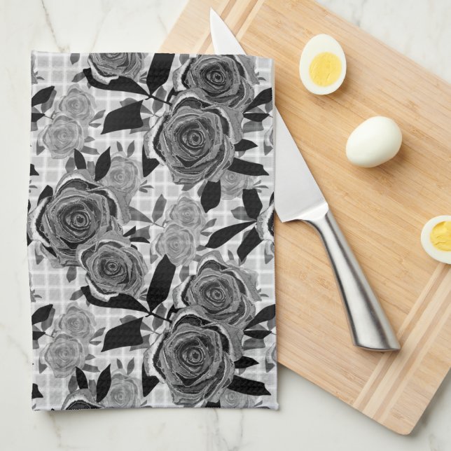 Linge De Cuisine Roses noirs, rose, noirs et gris (Quart Plié)