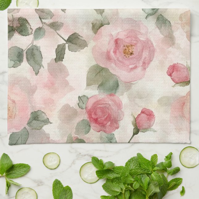 Linge De Cuisine Roses roses blush romantiques florales  (Plié)
