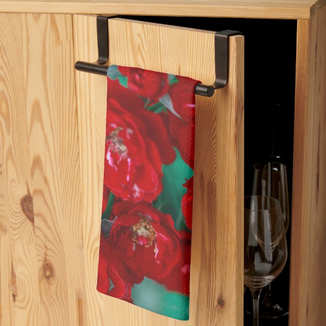 Linge De Cuisine Roses rouges Pale Green Feuilles (Pliage en tiers)