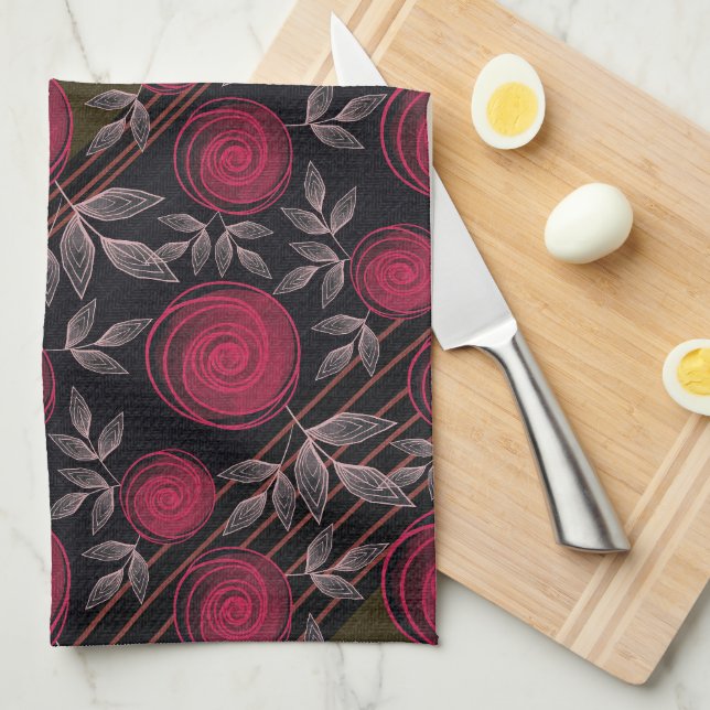 Linge De Cuisine Roses rouges sur noir. (Quart Plié)