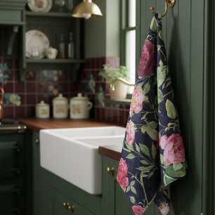 Linge De Cuisine Roses vintages Sur Velours Bleu Foncé