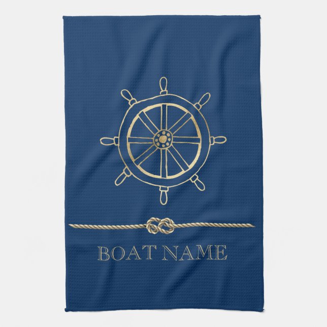 Linge De Cuisine Roue de bateau en or nautique, Bleu marine (Vertical)