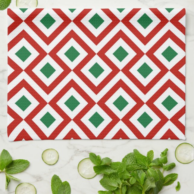 Linge De Cuisine Rouge, blanc, vert méandre (Plié)