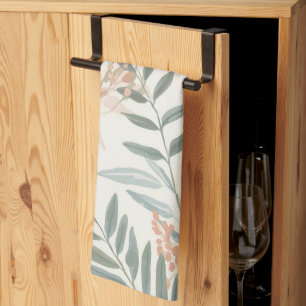 Linge De Cuisine Rouge Botanique Sauge Motif Aquarelle Feuille