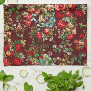 Linge De Cuisine Rouge Bourgogne Floral Chintz Cottage Garden Vinta