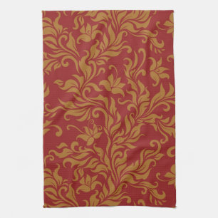 Linge De Cuisine Rouge et motif floral d'or