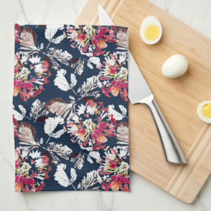 Linge De Cuisine Rouge, fleurs blanches sur bleu.