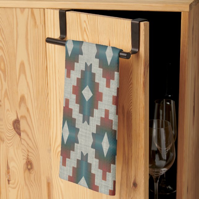 Linge De Cuisine Rouge foncé Brown Turquoise bleu gris Motif d'art  (Pliage en tiers)