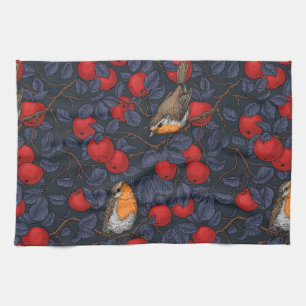 Linge De Cuisine Rouge-gorges dans le pommier/bleu et rouge