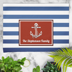Linge De Cuisine Rouge nautique et marine rayonné Personnalisé