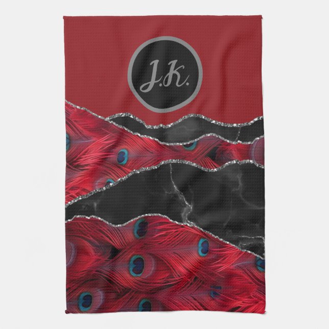 Linge De Cuisine Rouge noir Paon marbre verre d'agate (Vertical)