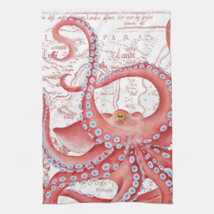 Linge De Cuisine Rouge Octopus Carte Vintage Blanc