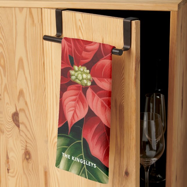 Linge De Cuisine Rouge Poinsettia Holly Noël Floral Personnalisé (Pliage en tiers)