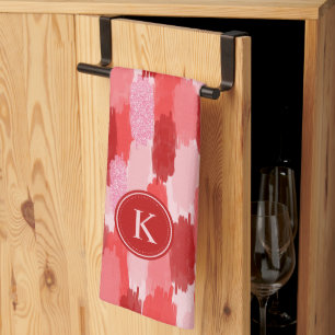 Linge De Cuisine Rouge rose Abstrait brosses Motif Monogramme