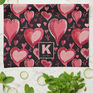 Linge De Cuisine Rouge rose Coeurs noirs Motif dessin Monogramme