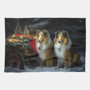 Linge De Cuisine Rough Collie Snowy Sleigh Décor de Noël