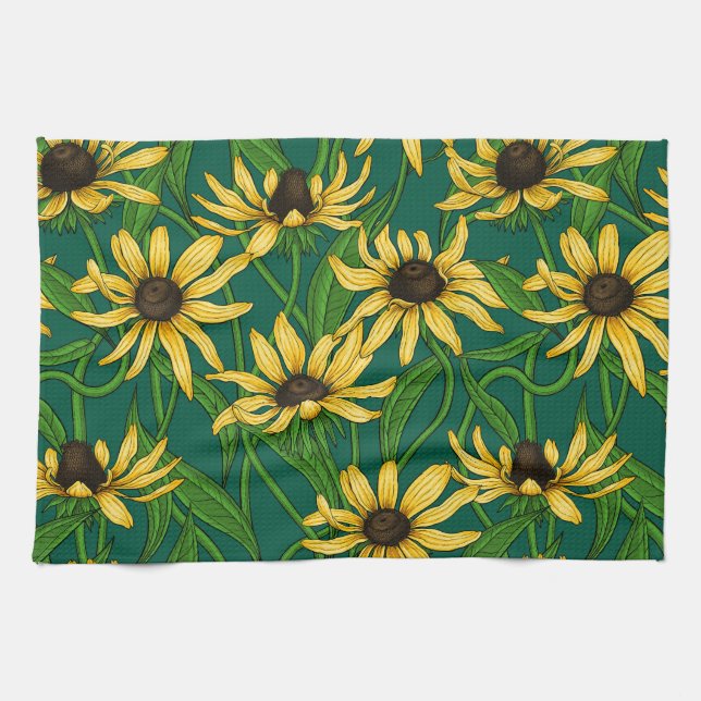 Linge De Cuisine Rudbekia jaune sur vert foncé (Horizontal)