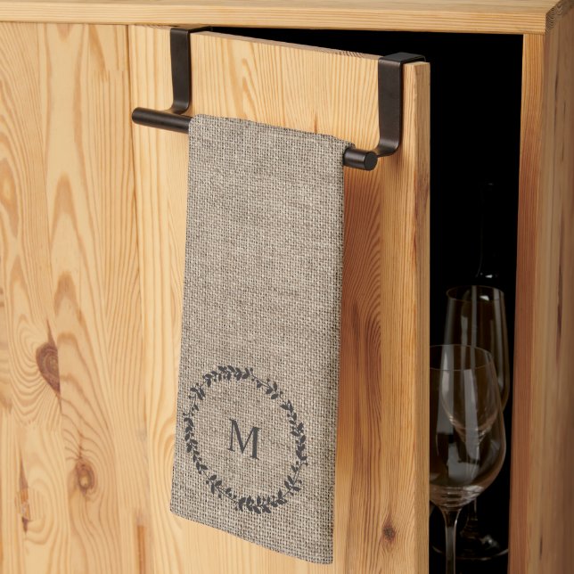 Linge De Cuisine Rusic Laurel Wreath Farmhouse Style Monogramme (Pliage en tiers)