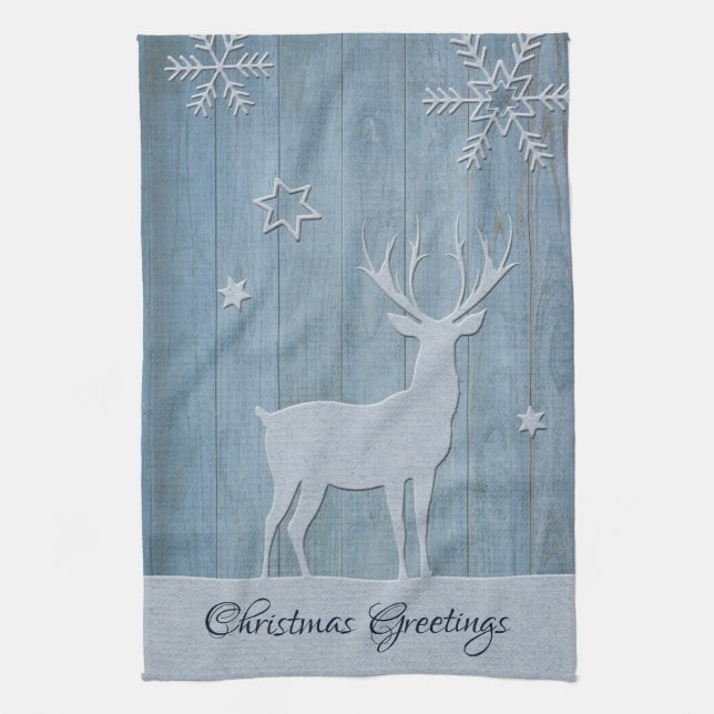 Linge De Cuisine Russe Bleu Bois Reindeer Pays Noël (Vertical)
