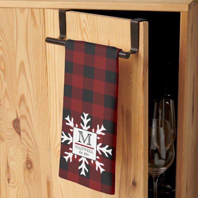 Linge De Cuisine Rustic Buffalo Checks Snowflake Monogramme Nom Ann (Pliage en tiers)