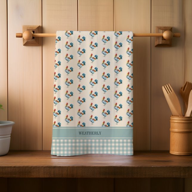 Linge De Cuisine Rustic Country Checks Monogramme de coq | Nom (Rustic Country Checks Rooster Pattern Monogram or Name Kitchen Towel)