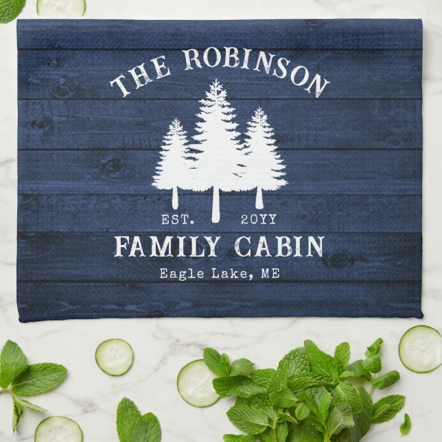 Linge De Cuisine Rustic Country Family Cabine Arbres Blue Wood Impr (Plié)