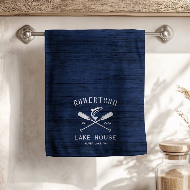 Linge De Cuisine Rustic Lake Maison Nom de famille Marine Blue Wood (Créateur téléchargé)