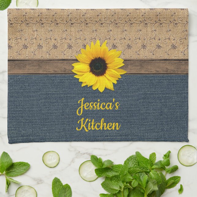 Linge De Cuisine Rustique Pays Simulé Burlap Denim Tournesol (Plié)