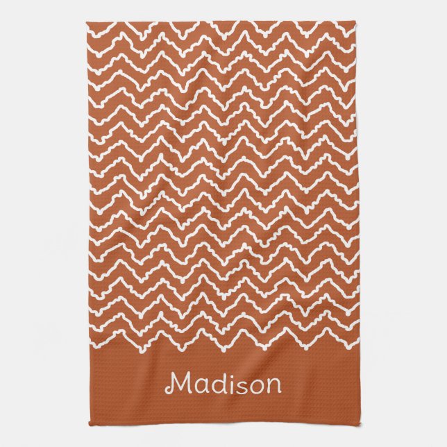 Linge De Cuisine Rusty Red Terracotta Squiggly Chevron With Name (Vertical)