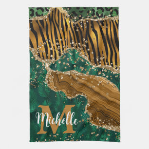 Linge De Cuisine Safari Animal Glitter Agate Monogramme Vert et Or