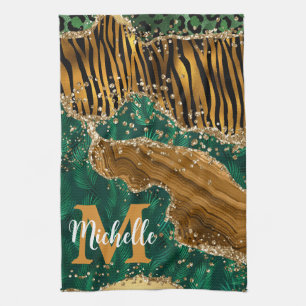 Linge De Cuisine Safari Vert et Or Lettre Monogramme Paillettes Aga