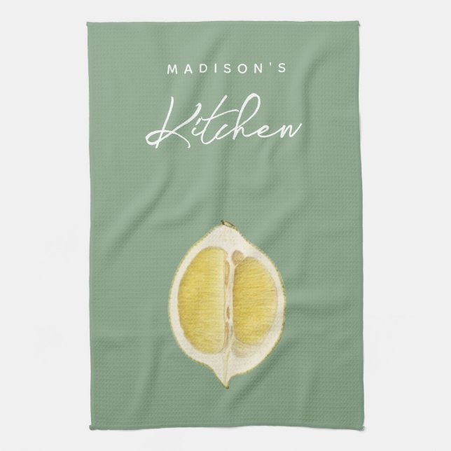 Linge De Cuisine Sage Green & Lemon Script Cuisine Nom personnalisé (Vertical)