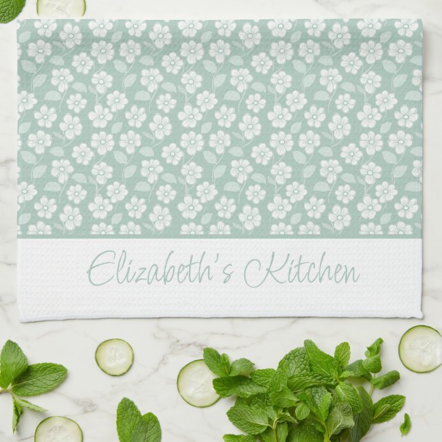 Linge De Cuisine Sage Green Pastel Léger Monnaie Blanc Boho Flores (Plié)