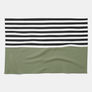 Linge De Cuisine Sage vert avec bandes noires et blanches