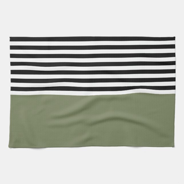 Linge De Cuisine Sage vert avec bandes noires et blanches (Horizontal)