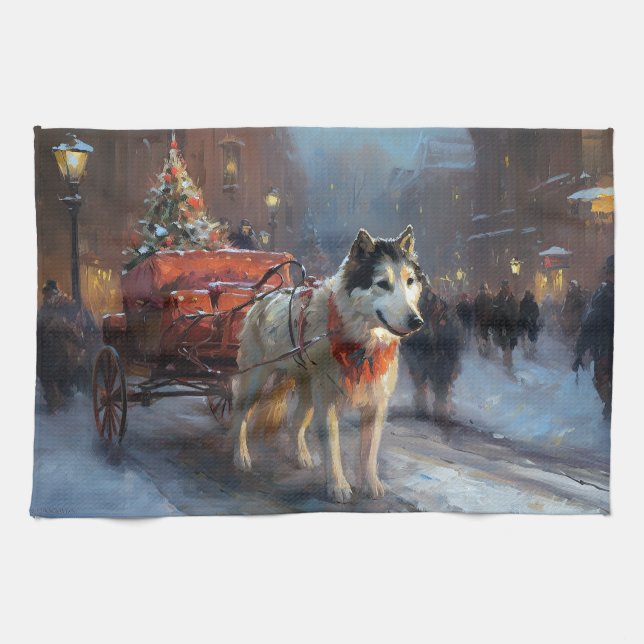Linge De Cuisine Saison de Noël du Malamute de l'Alaska (Horizontal)