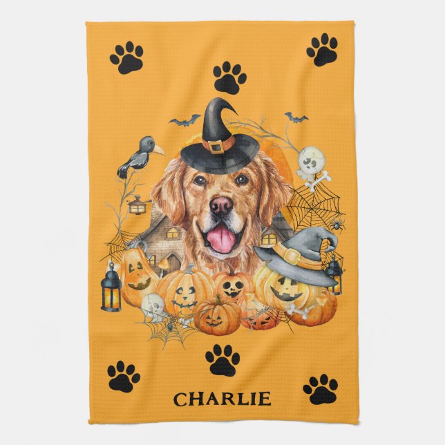 Linge De Cuisine Saison éffrayante Golden Retriever Halloween perso (Vertical)