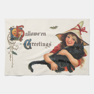 Linge De Cuisine Salutations d'Halloween vintage, sorcière enfant a