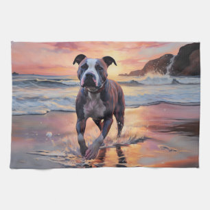 Linge De Cuisine Sandy American Staffordshire Dog on Beach Sunset