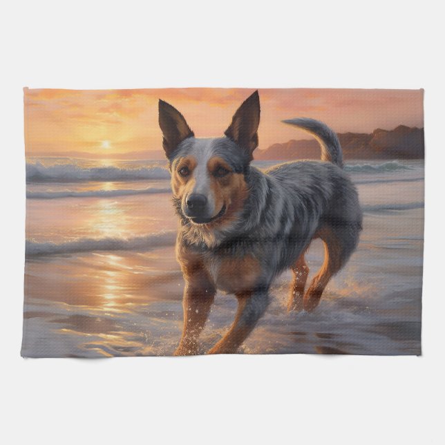 Linge De Cuisine Sandy Paws Australian Cattle Dog on Beach Sunset (Horizontal)