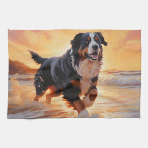 Linge De Cuisine Sandy Paws Bernese Mountain Dog on Beach Sunset